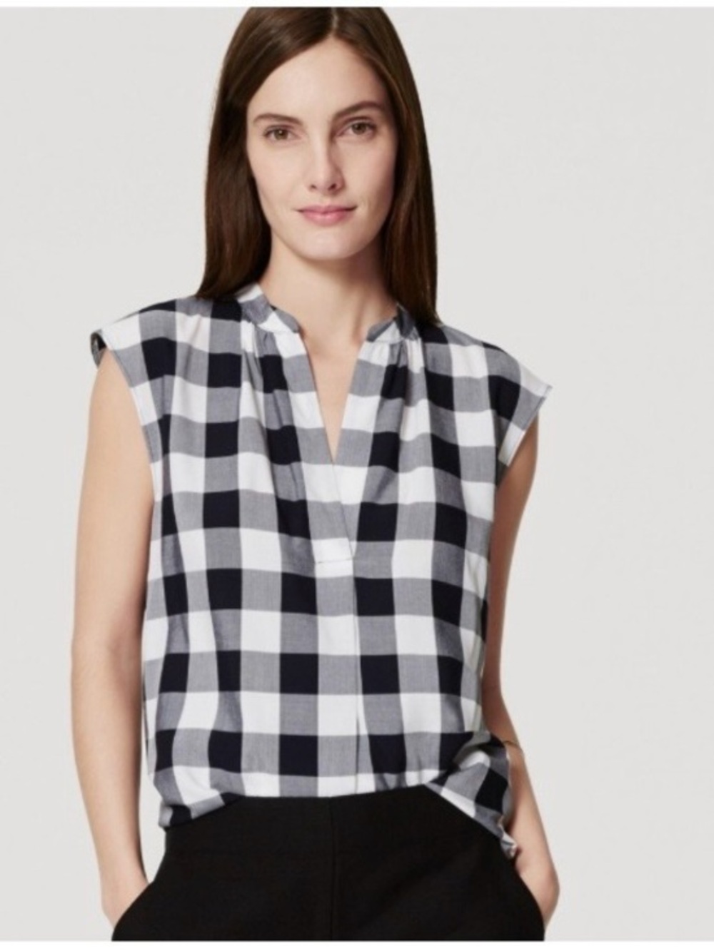 LOFT Black and White Gingham Split-Neck Cap-Sleeve Top